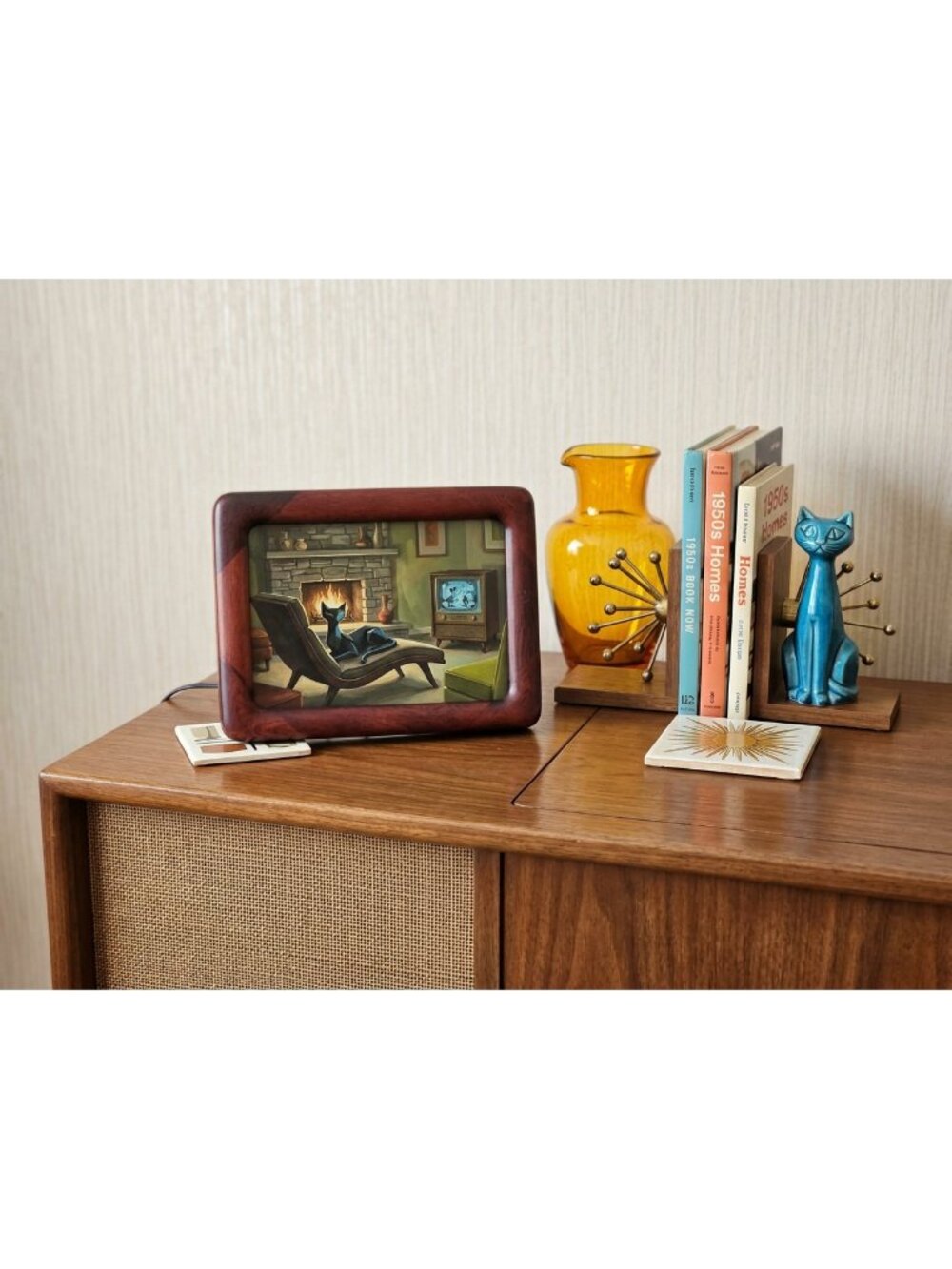 MCM Style Atomic Cat Wood Framed Art Print Small Tabletop Retro Wall Decor